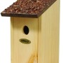 Nistkasten aus Kiefernholz mit braunem Rindendach für Wildvögel.