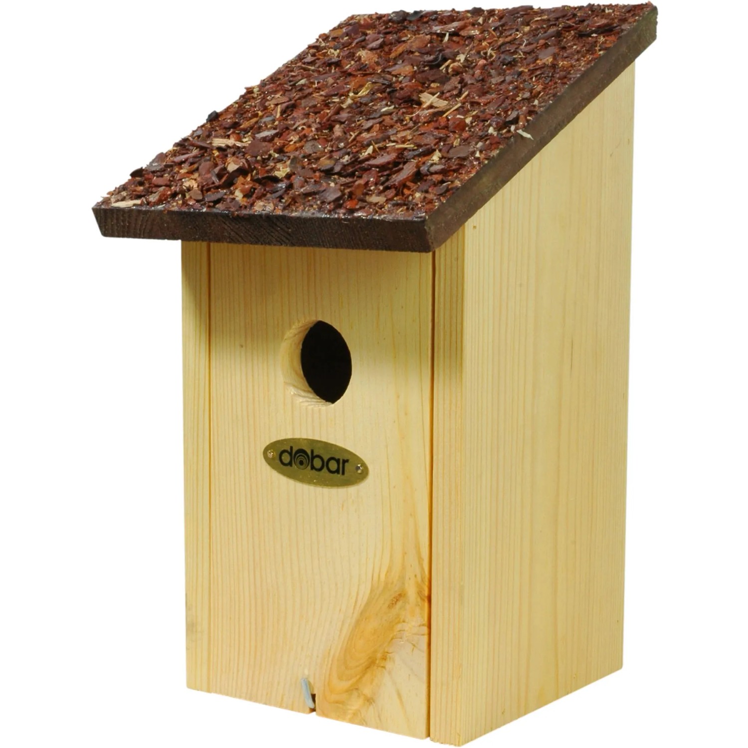 Nistkasten aus Kiefernholz mit braunem Rindendach für Wildvögel.