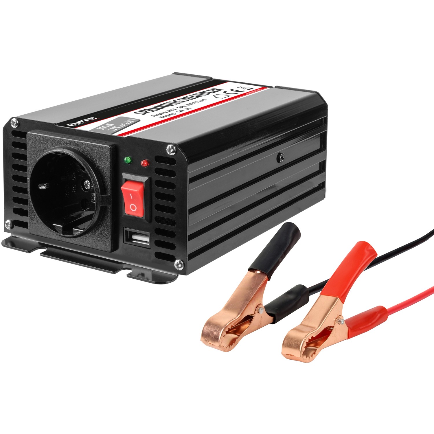 Eufab Spannungswandler 300W (12V auf 230V) mit Batterieklemmen, USB-Anschluss und Ein/Ausschalter.