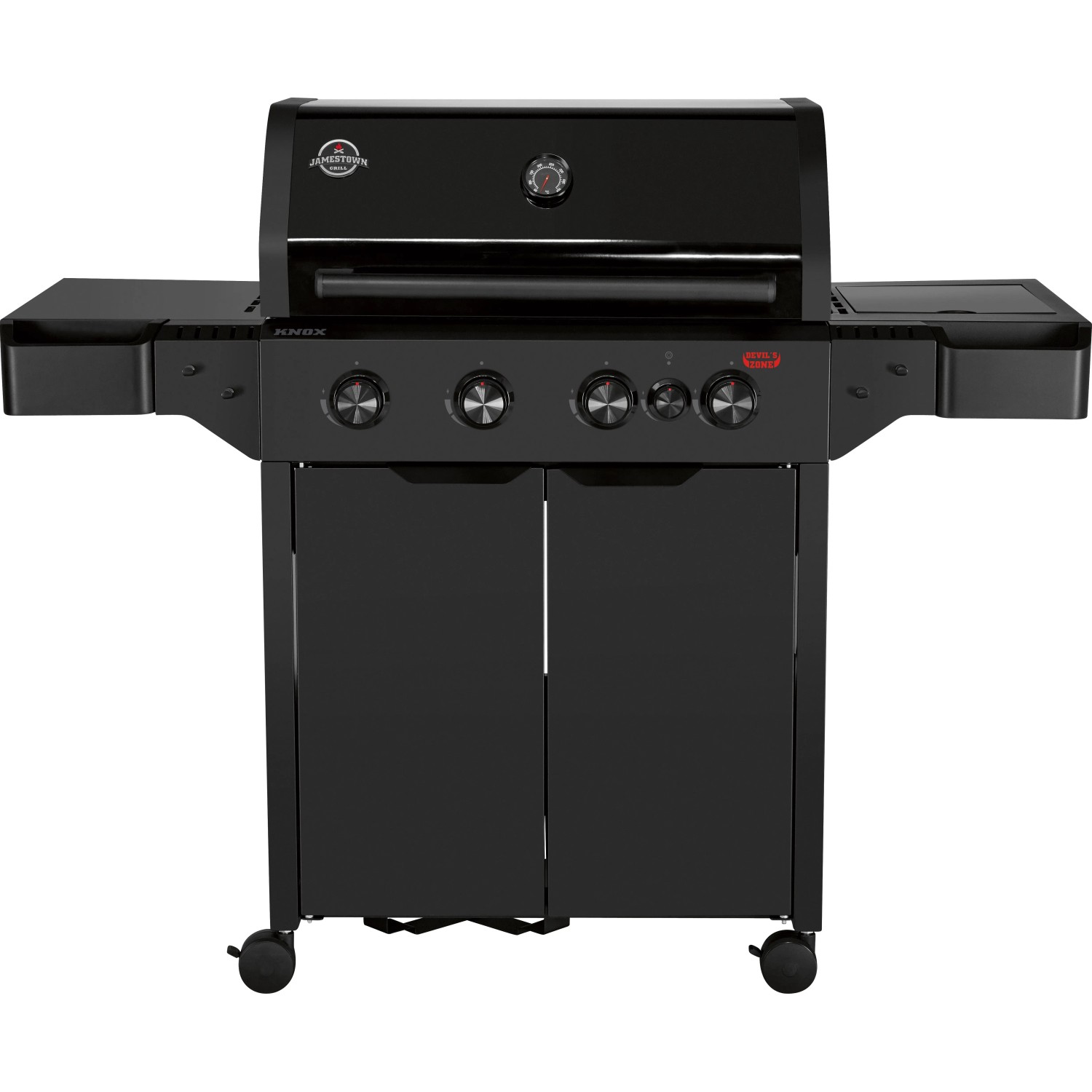 Schwarzer Jamestown Gasgrill Knox II mit 4 Brennern und Seitentischen.
