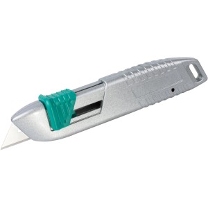 Wolfcraft Sicherheitsmesser mit Trapezklinge, Metallgehäuse und grünem Schieber.