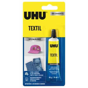 Uhu Textil Spezialkleber, 20g Tube, transparent, für Baumwolle, Jeans und mehr.