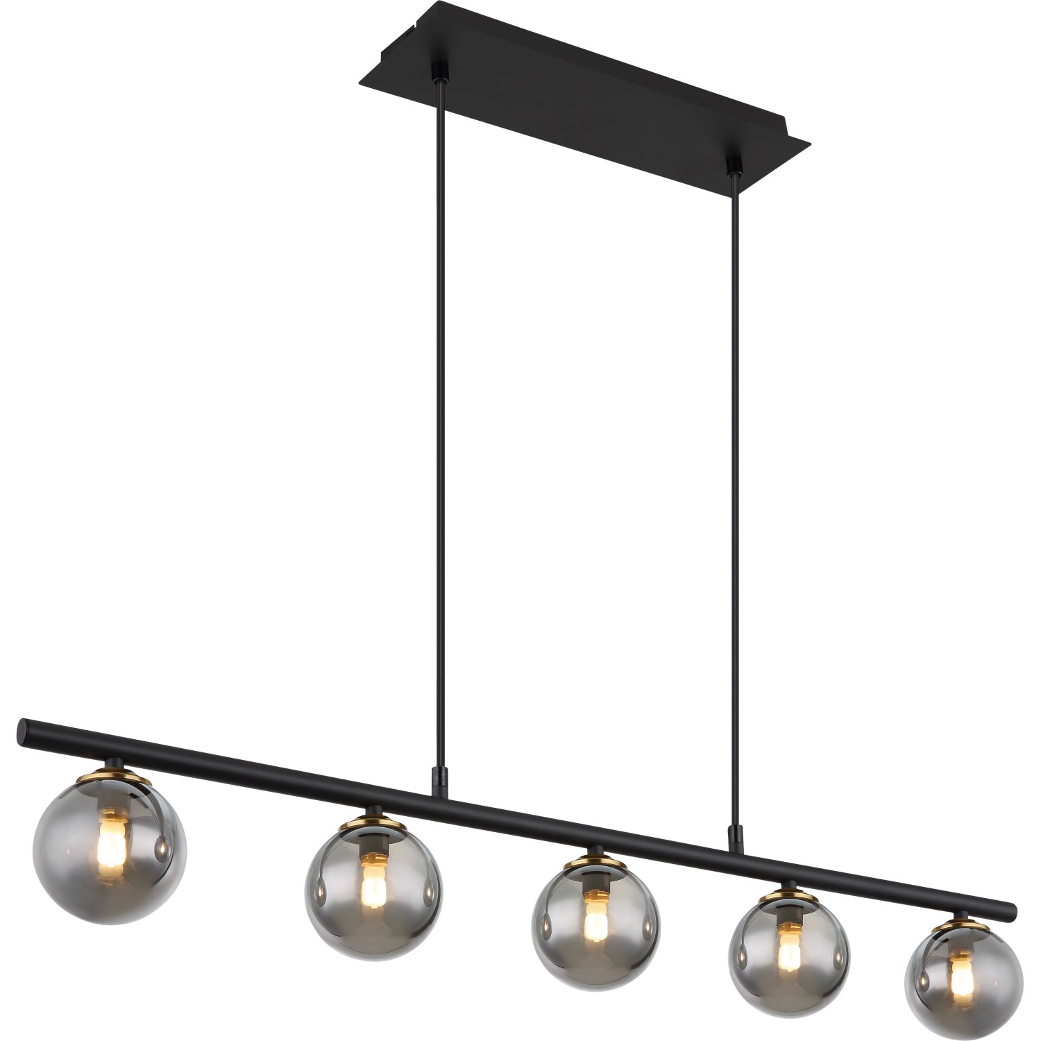 Moderne, 5-flammige Globo Pendelleuchte Jorge in Schwarz matt mit rauchfarbenen Glasschirmen.