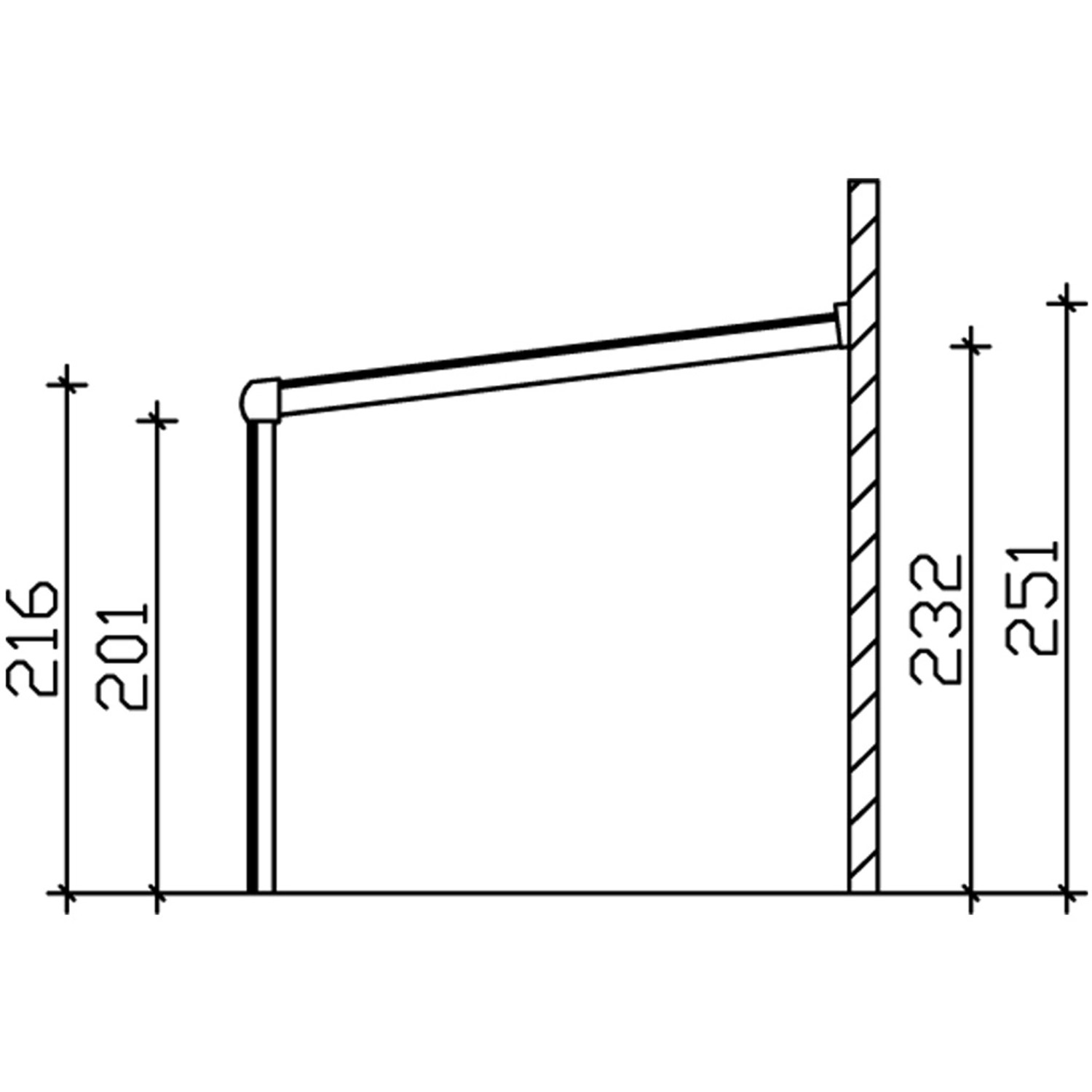 Skizze der Skan Holz Terrassenüberdachung Garda, Maße und Details zur Konstruktion.