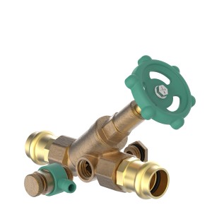 Kirchhoff Schrägsitzventil 15 mm mit Entleerung für Pressfittings, Messing mit grünem Griff.
