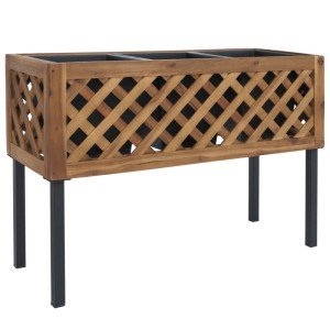 Braunes Akazienholz Hochbeet mit Rankgitter, 3 schwarzen Pflanzeinsätzen und dunklen Metallbeinen. Für Garten & Balkon.