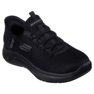 Schwarze Skechers Enslee Summits SR Damen Arbeitsschuhe. Slip-on Design mit rutschhemmender Sohle für sicheren Halt.