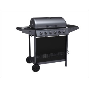Schwarzer Tepro Gasgrill Hampton 6 mit Seitenkocher und sechs Brennern.
