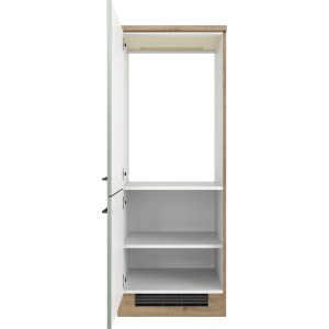 Flex-Well Exclusiv Demi-Geräteschrank Cara, 60cm, Schilfgrün/Artisan Eiche, mit offenstehender Tür und Einlegeböden.