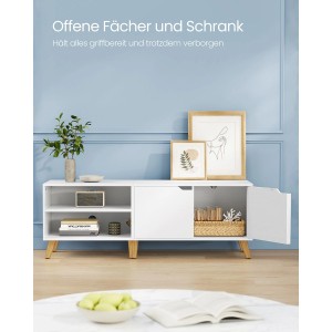 Weißer Vasagle TV-Schrank (140 cm) mit offenen Fächern und Tür, auf Holzfüßen.