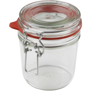 Dr. Oetker Bügelverschlussglas, 530 ml, klares Glas mit rotem Dichtungsring und Metallbügel.