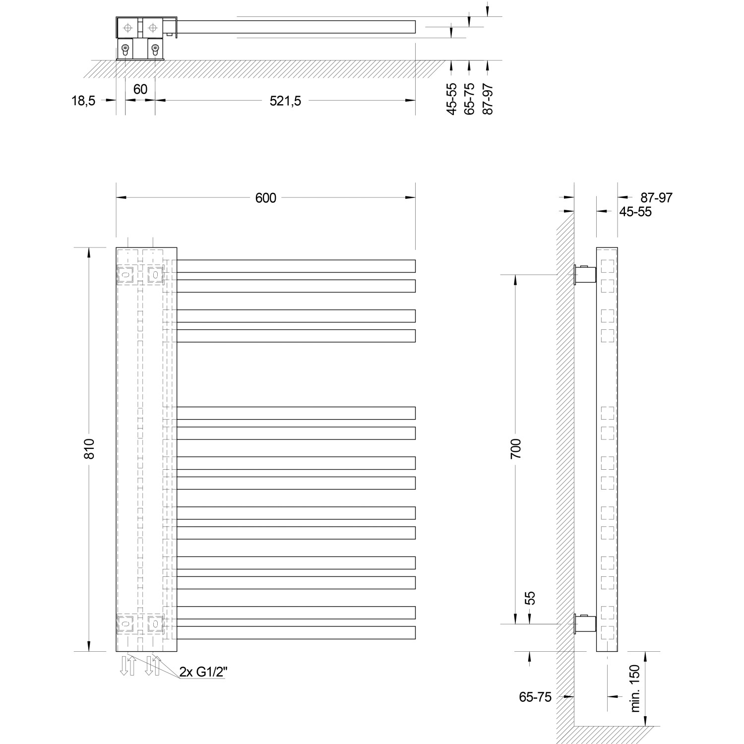 Technische Zeichnung: Schulte Design-Heizkörper Bologna, 81x60 cm, alpinweiß, linke Version mit Maßangaben.