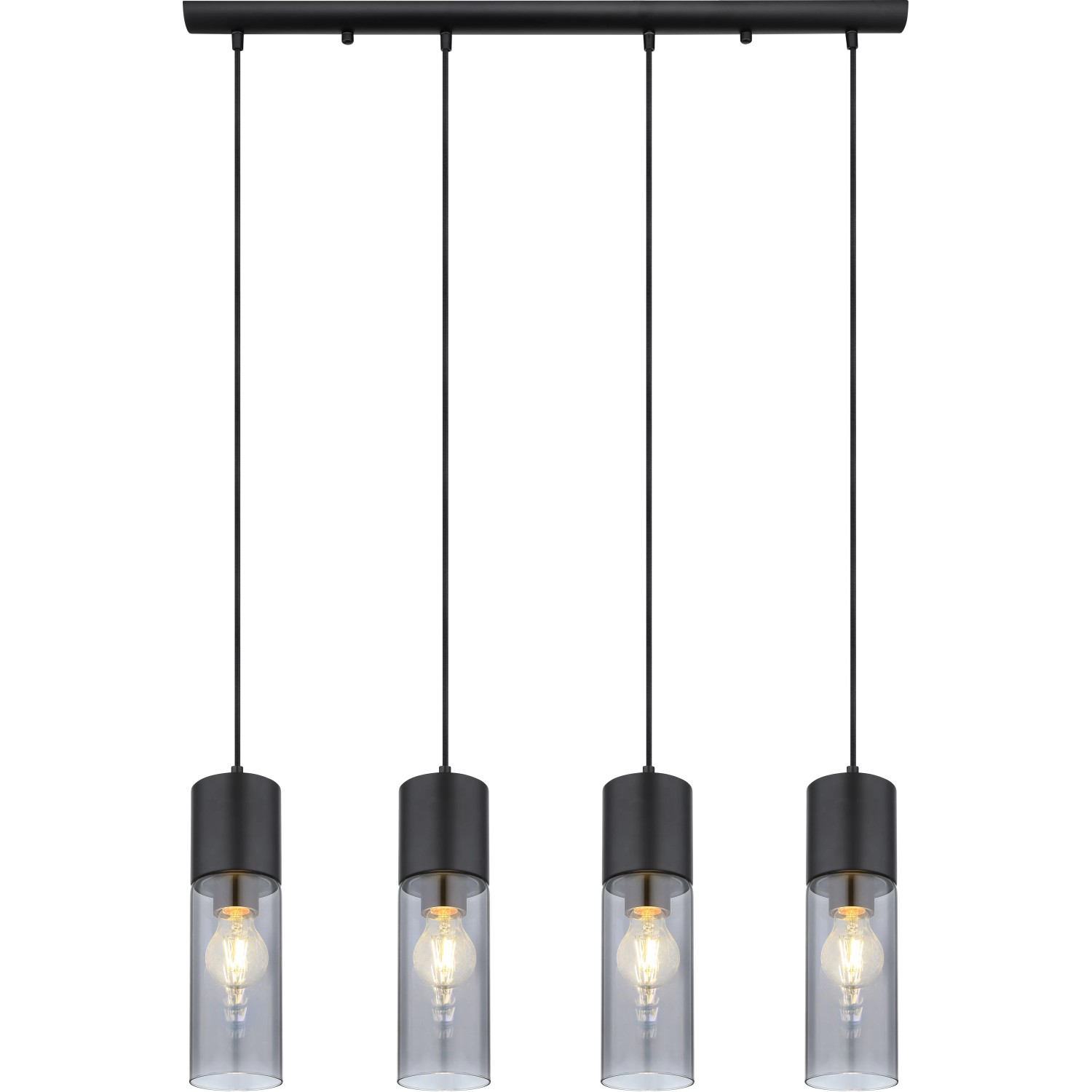 Moderne 4-flammige Pendelleuchte Annika in Schwarz matt mit Rauchglas-Schirmen.