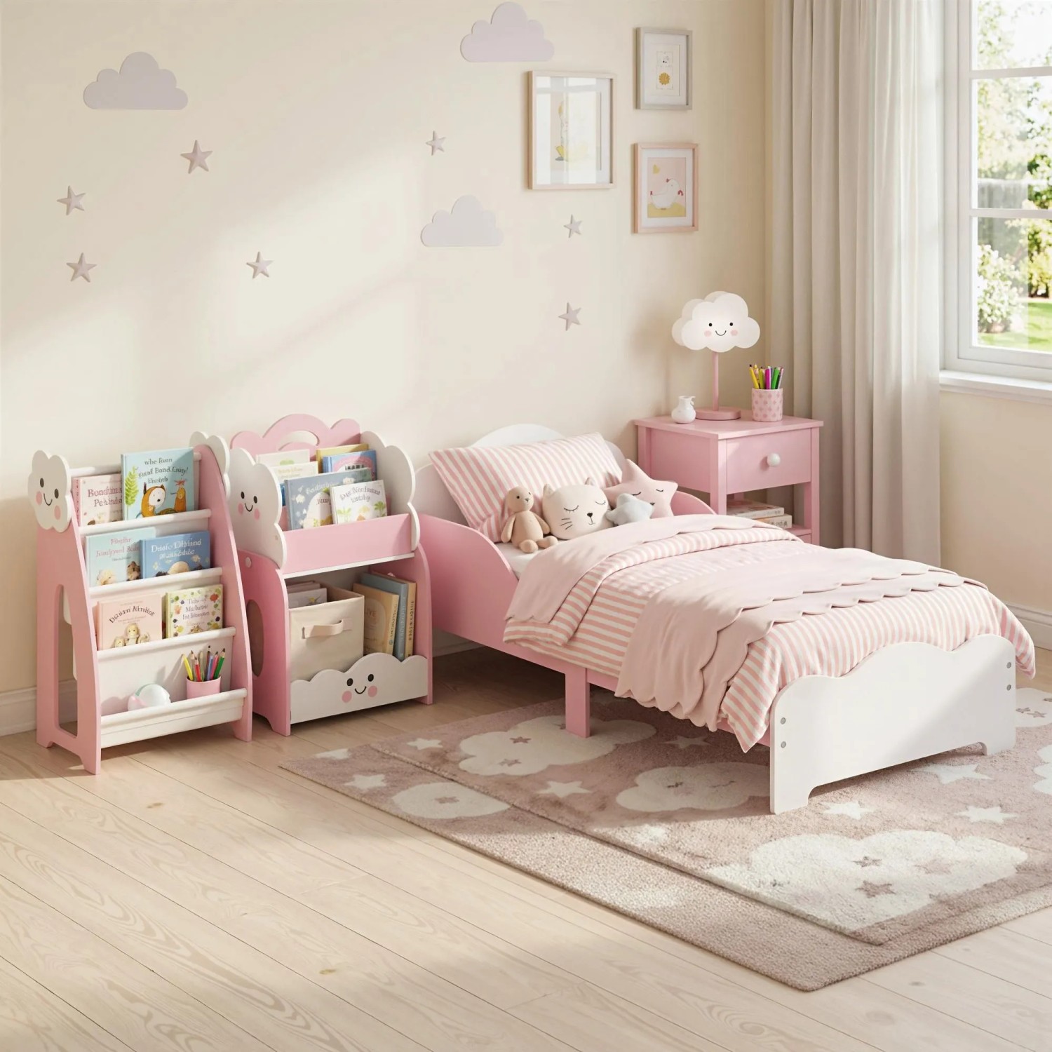 Rosa-weißes AIYAPLAY Kinderbett aus MDF, Bodenbett mit Wolken-Kopfteil und Schutzleisten für Kleinkinder.