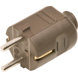 Brauner Schutzkontaktstecker für den Innenbereich, mit Knickschutz und verzinnten Kupferkontakten.