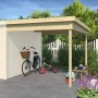 Dachverlängerung Natur für Zambezi Gartenhaus, 250x300 cm, mit Fahrrädern und Gartenmöbeln.