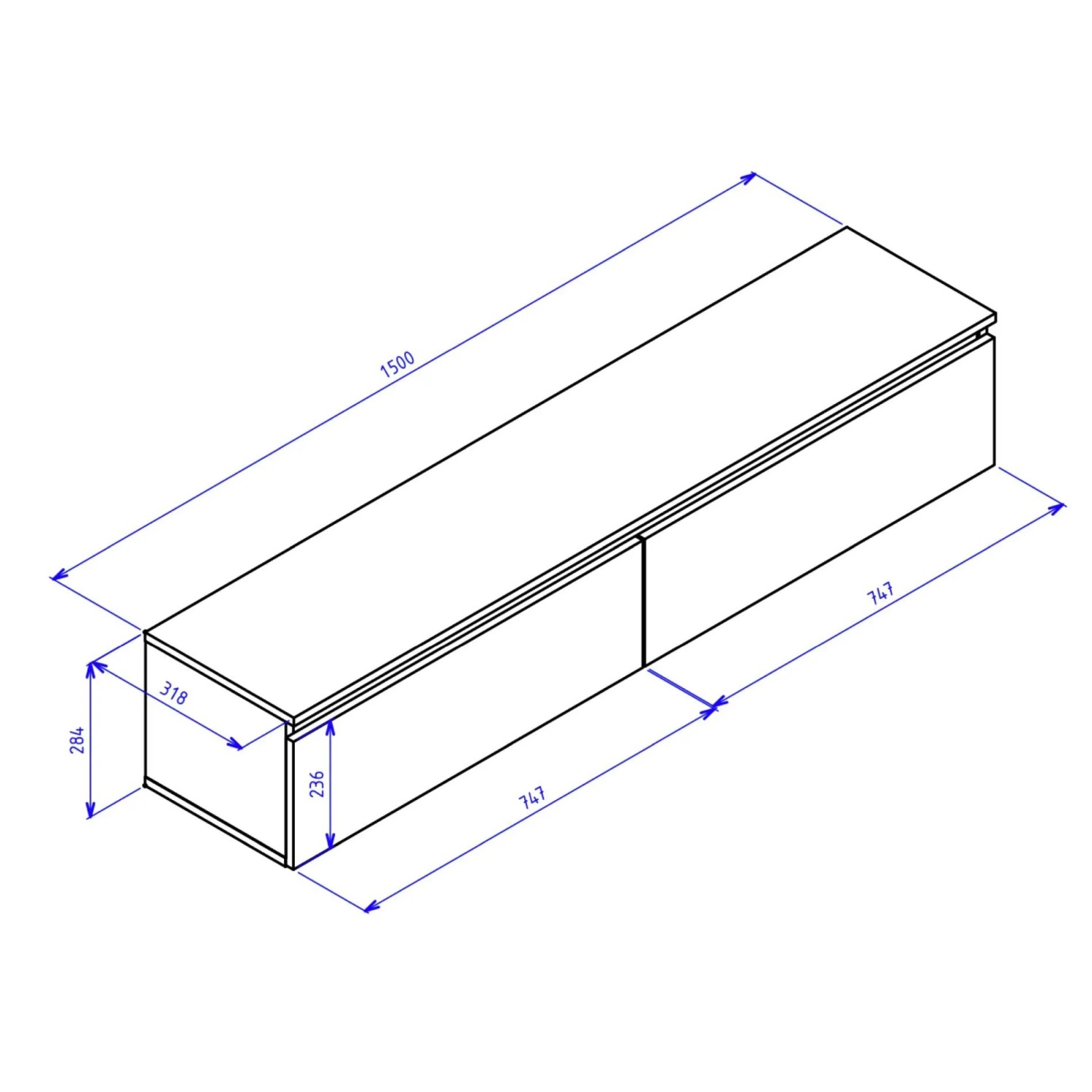 Maßzeichnung des Selsey TV-Hängeboards Bemmi 150 cm Schwarz. Das wandhängende Lowboard zeigt zwei Klappenfächer und Abmessungen.