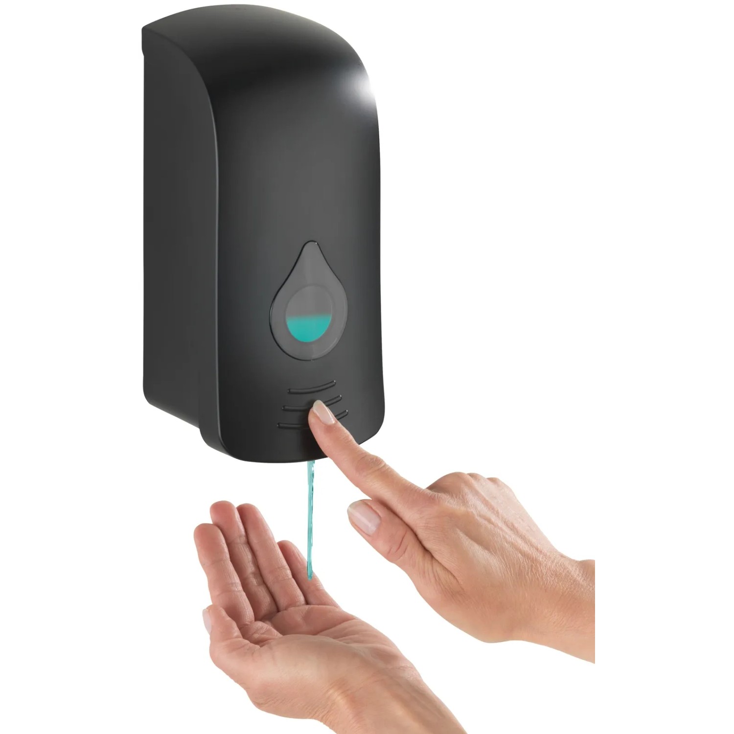 Wenko Ranera L Seifenspender, schwarz, mit Hand unter Spender für Seife.