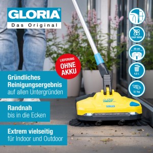 Gloria Akku-Kehrmaschine EasySweep 18V, gelb, für Innen- und Außenbereiche. Lieferung ohne Akku.