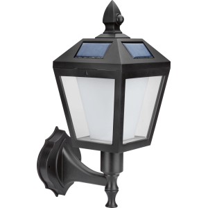 Schwarze Solar-LED-Außenleuchte im Laternen-Design zur Wandmontage.