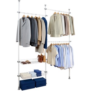 Wenko Teleskop-System Herkules Duo mit Kleidung, Textilien und Aufbewahrungsboxen.