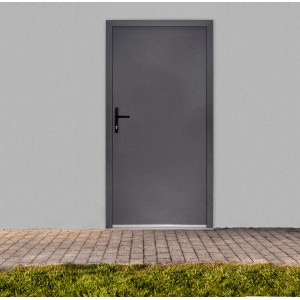 Anthrazitfarbene Stahl-Nebeneingangstür, nach innen öffnend, mit Griff links.