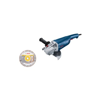 Blauer Bosch Professional Winkelschleifer GWS 20-230 P 2.000 W mit Griff und Diamantscheibe.