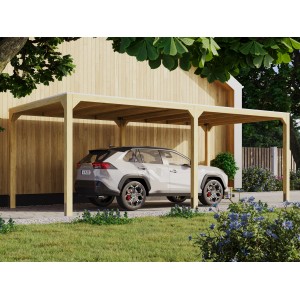 Karibu Pavillon Set Fyrkant, naturbelassen, mit Verlängerung und Auto im Garten.