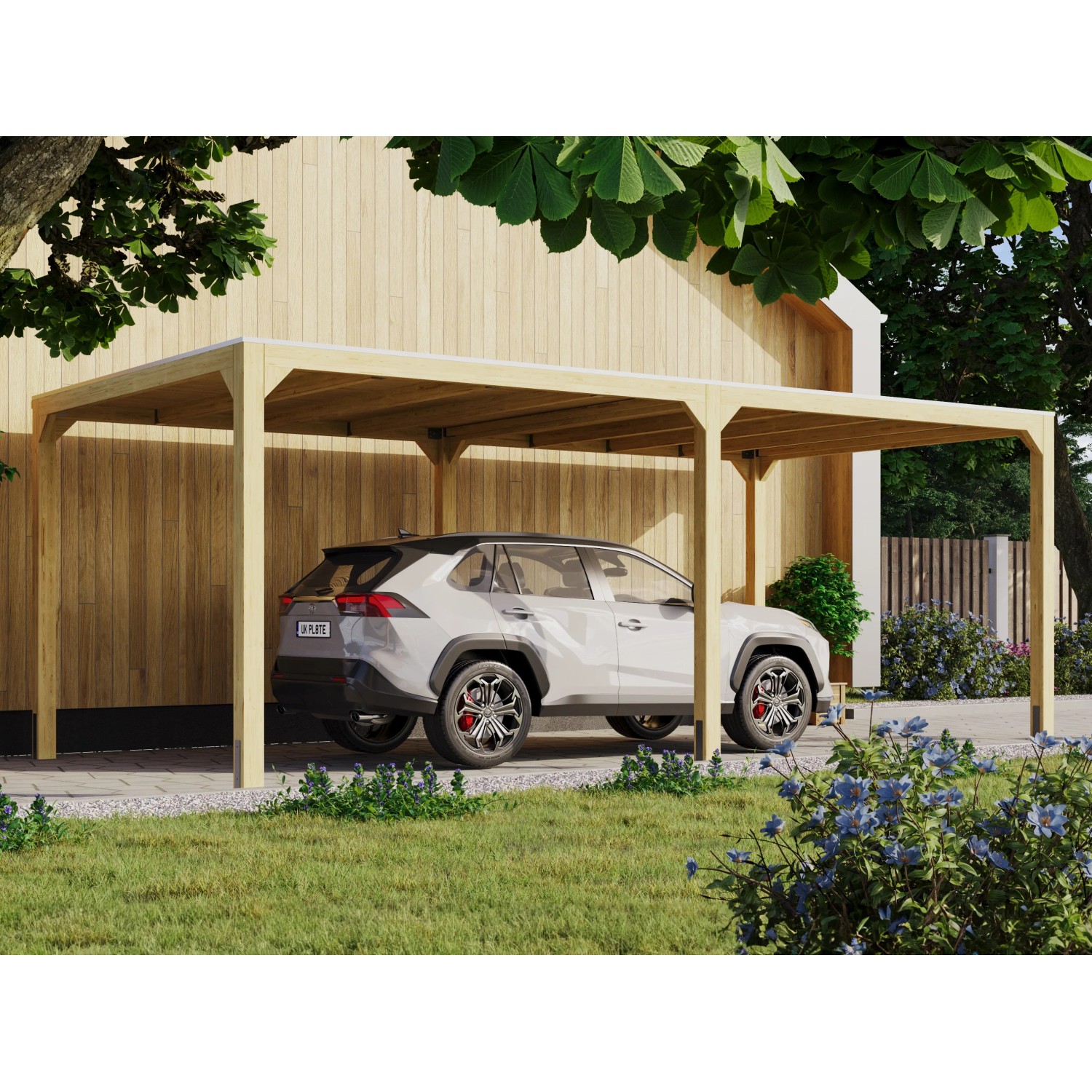 Karibu Pavillon Set Fyrkant, naturbelassen, mit Verlängerung und Auto im Garten.