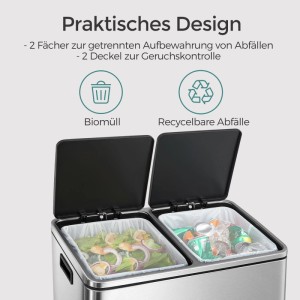Songmics Mülleimer Pary 2 Fächer x 30 l Silber-Schwarz