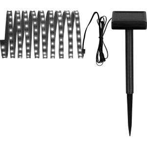 Transparentes Solar-Flexband mit 180 kaltweißen LEDs und Erdspieß für Garten & Balkon.