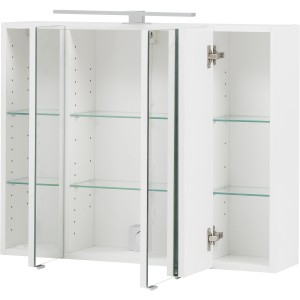 Weißer Held Möbel 3D-Spiegelschrank Salerno 80 cm mit LED-Leuchte und offenen Spiegeltüren.