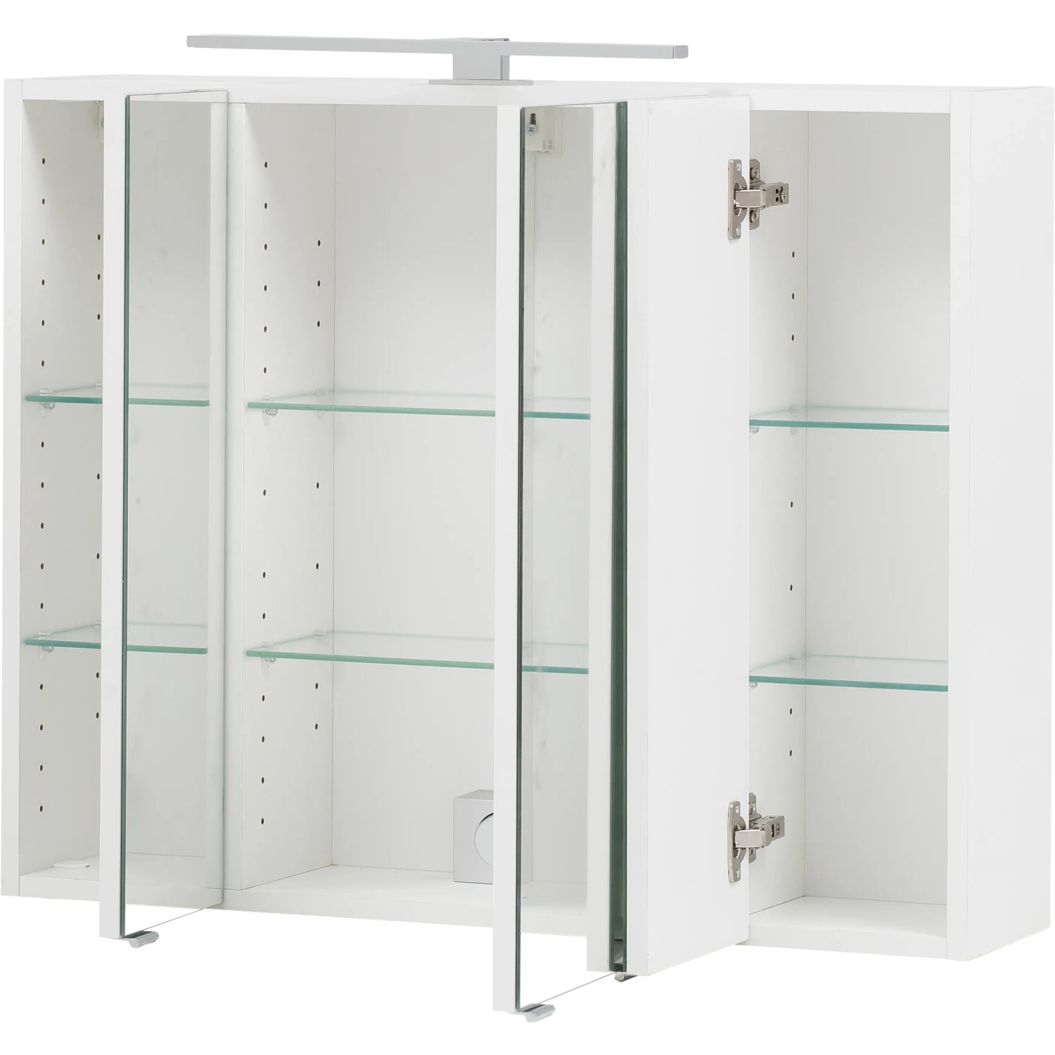 Weißer Held Möbel 3D-Spiegelschrank Salerno 80 cm mit LED-Leuchte und offenen Spiegeltüren.