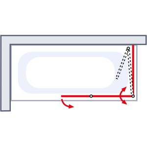 Skizze: Schulte Badewannenaufsatz 2-teilig mit Seitenwand und Schwenkfunktion.
