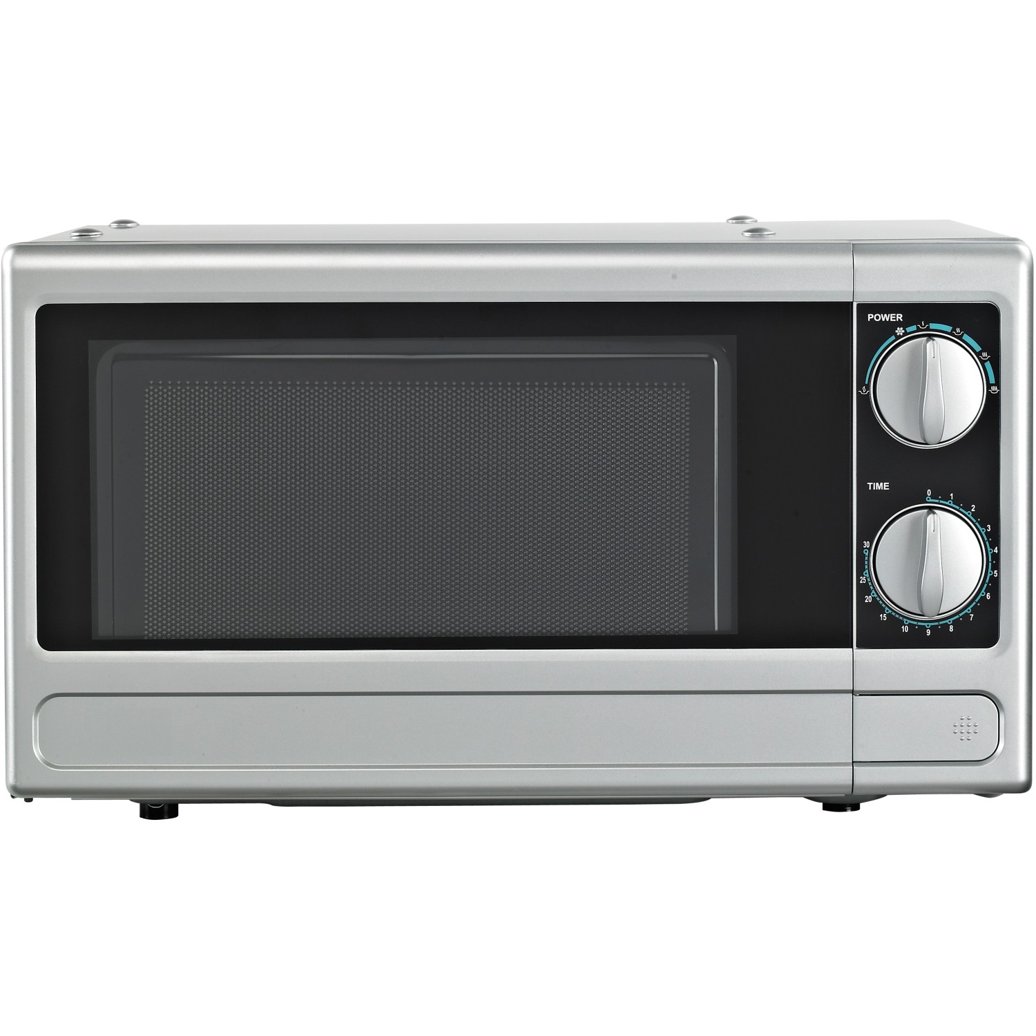 Respekta Mikrowelle MW700 für Economy Küchenzeile, silberfarben, mit Drehwählern für Leistung und Zeit.
