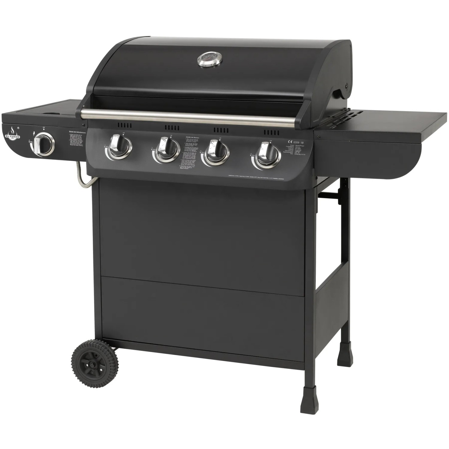 Schwarzer El Fuego Gasgrill Columbus mit 4 Brennern und Seitenbrenner.