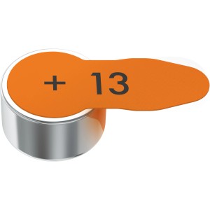Varta Hörgerätebatterie Typ 13, mit orangefarbener Lasche.