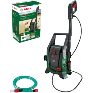 Bosch Akku-Hochdruckreiniger UniversalAquatak 36V-100 mit Zubehör und Verpackung.
