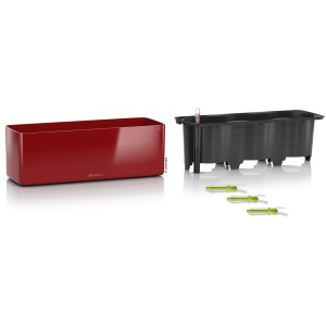 Lechuza Cube Glossy Triple, scharlachroter Blumenkasten mit Bewässerungssystem, 40x14cm.