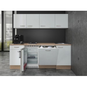 Flex-Well Exclusiv Büroküche Valero, 210 cm, Hochglanz Weiß und Sonoma Eiche Dekor mit E-Geräten.