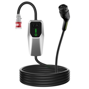 Junsun 22kW Typ 2 EV Ladegerät, tragbar, mit silberner Steuerung, CEE-Stecker und Typ 2 Anschluss.