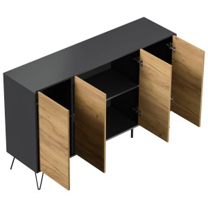Posseik Sideboard Industrial, 155 cm breit, Grafit und Eiche Dekor mit 4 Türen und Schubladen.