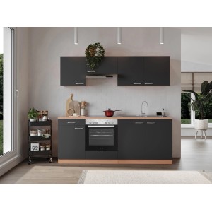 Respekta Küchenzeile KB210BGEC, 210 cm, Grau/Buche Optik, mit E-Geräten und Spüle.