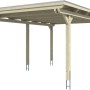 Weißer Skan Holz Carport Emsland (404x604 cm) mit Flachdach, sechs Pfosten und Regenrinne.