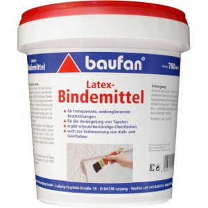 Baufan Latex-Bindemittel 750 ml im weißen Eimer mit rotem Deckel. Für Leimfarbe und Tapeten.