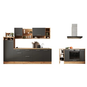 Respekta Inselküche Hilde 280 cm Grau mit E-Geräten und Dunstabzugshaube.