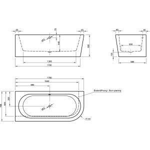 Technische Zeichnung der Ottofond Eck-Badewanne Modena Corner rechts, 178 cm, schwarz-weiß, mit Maßen.