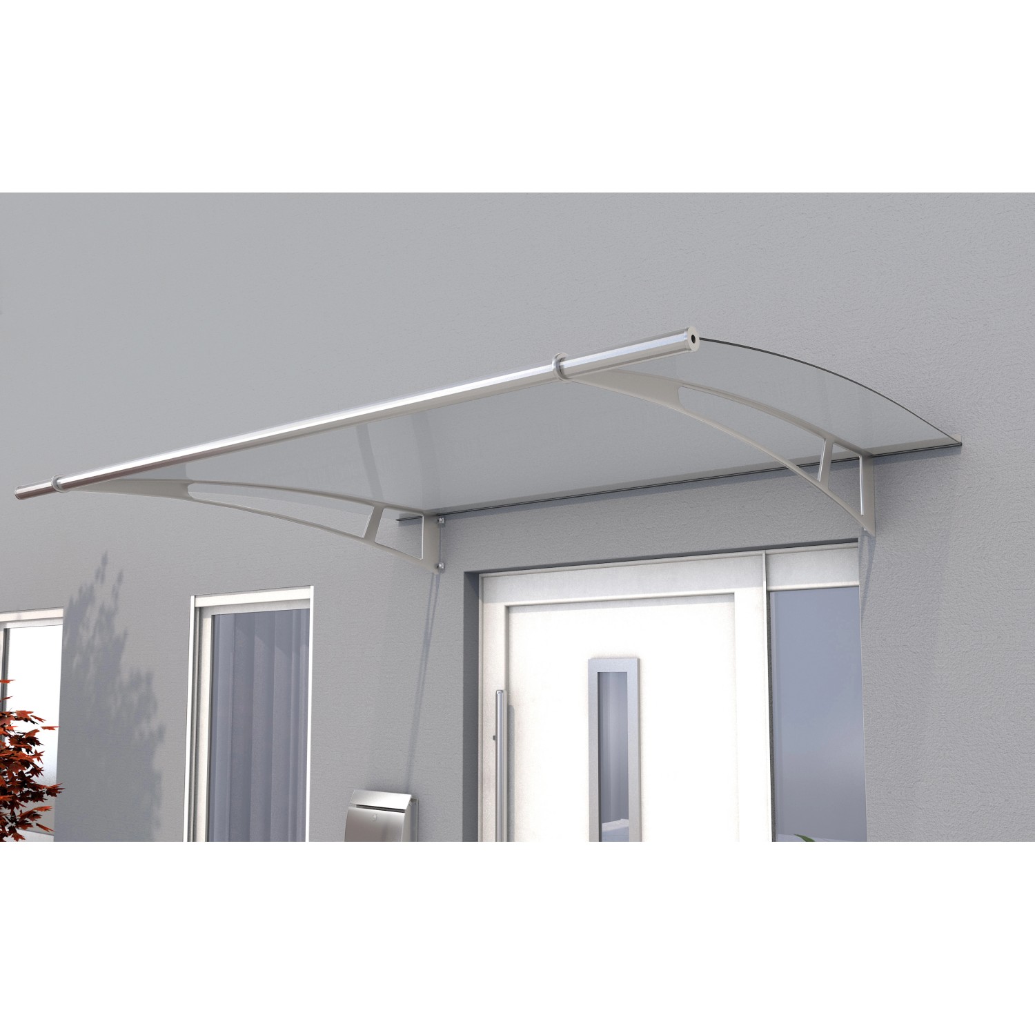 Modernes Pultvordach XL aus Edelstahl und klarem Acrylglas (25x205x142cm) über einer Haustür.