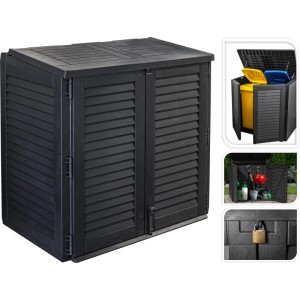 Graue Maxibox mit zwei Türen, 117x74x110 cm, zur Aufbewahrung im Garten oder Haushalt.