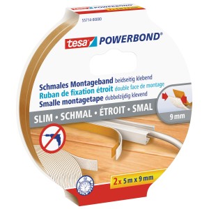 Tesa Powerbond Montageband schmal, 2 Rollen à 5m x 9mm, für dauerhaften Halt ohne Bohren.